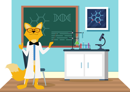 Der Smart-Home-Fox steht im Labor und testet Geräte